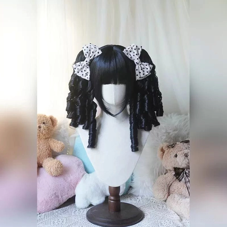 Pearl black Lolita bob wig with twin braids and detachable ponytails shown on mannequin with blunt straight bangs front view