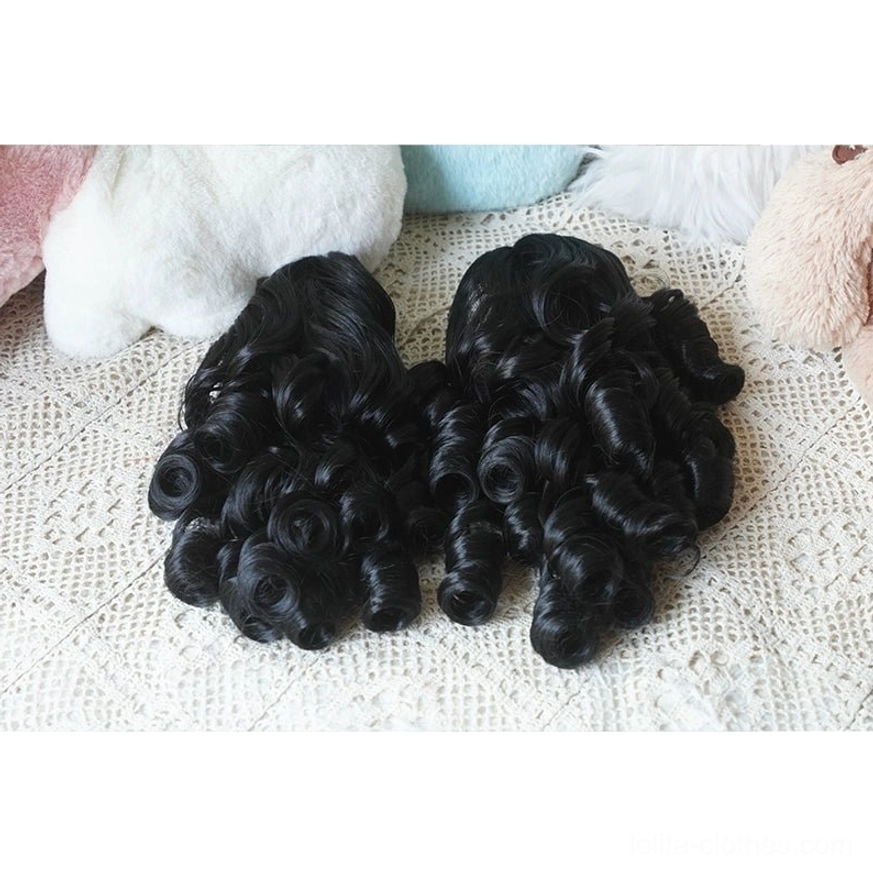 Pearl black Lolita detachable ponytail bob wig with spiral ringlets shown on mannequin head with plush toy photo studio background
