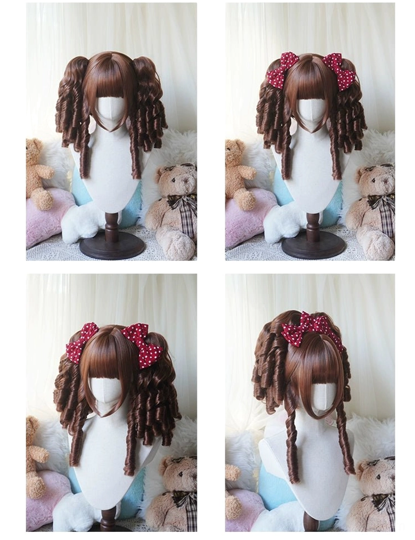 Pure black Lolita bob wig with white polka-dot twin bows and long straight blunt bangs shown on mannequin with plush toy decorated background