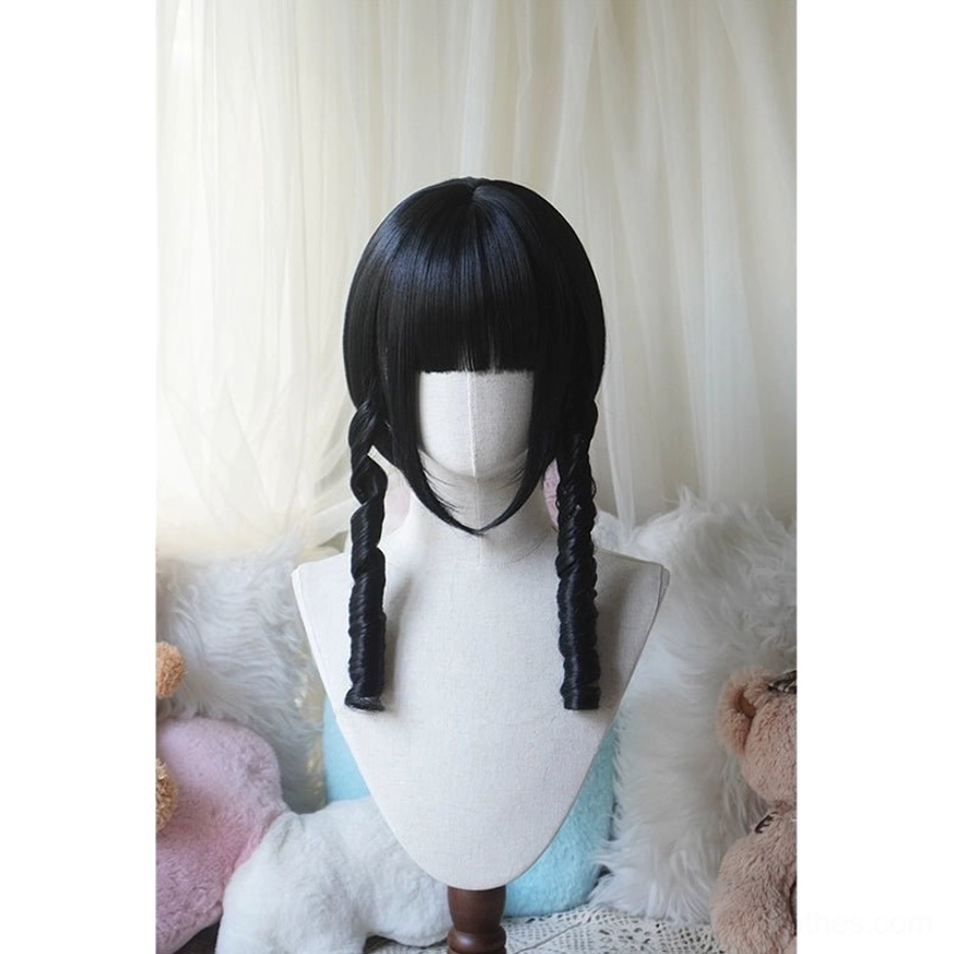 Pearl black Lolita bob wig with detachable ponytails and black polka-dot twin bows showing full front view on mannequin head
