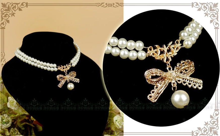 Pearl chain bow lolita choker necklace styled on model with coordinate showing how accessory integrates with full lolita fashion outfit, accessory coordination reference, lolita dress pairing example