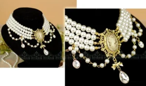 Detail shots of classic pearl choker necklace showing small mannequin display with complete choker styling and close-up of center cameo pendant with layered pearl architecture and dangling crystal details for Lolita fashion jewelry