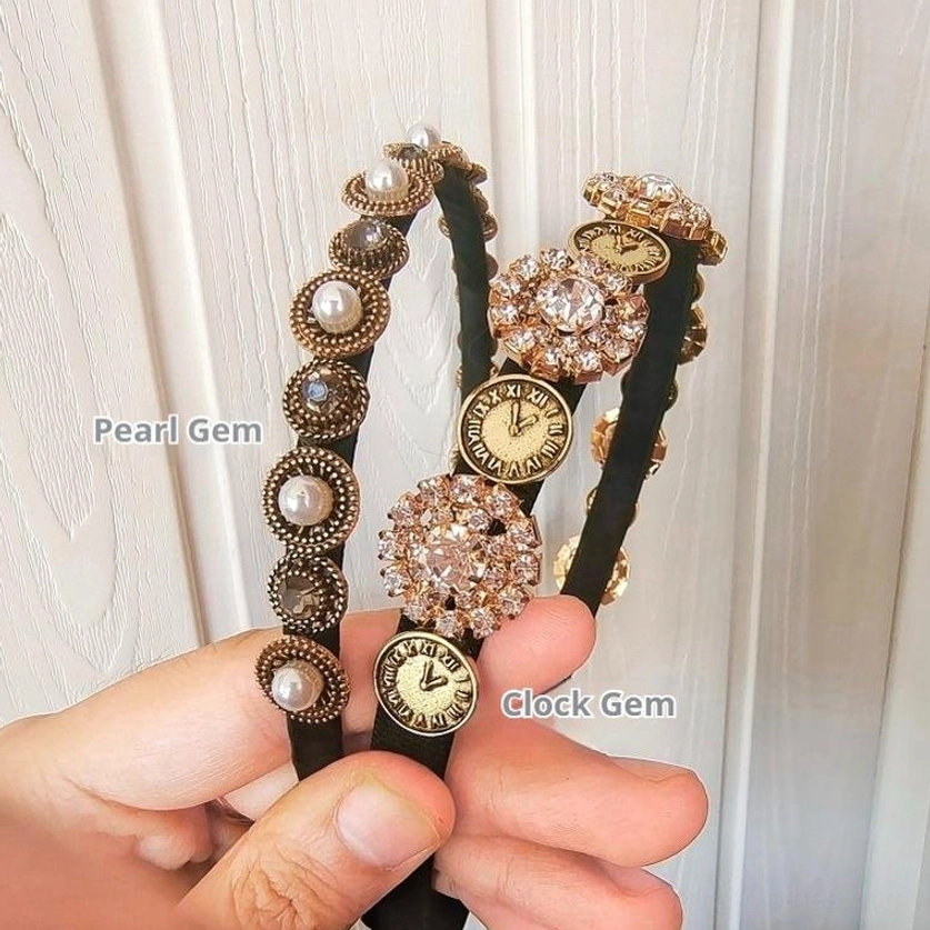 Pearl hairband with vintage clock gem detail Lolita hair accessory for coordinating with black sheep curl wig ensembles