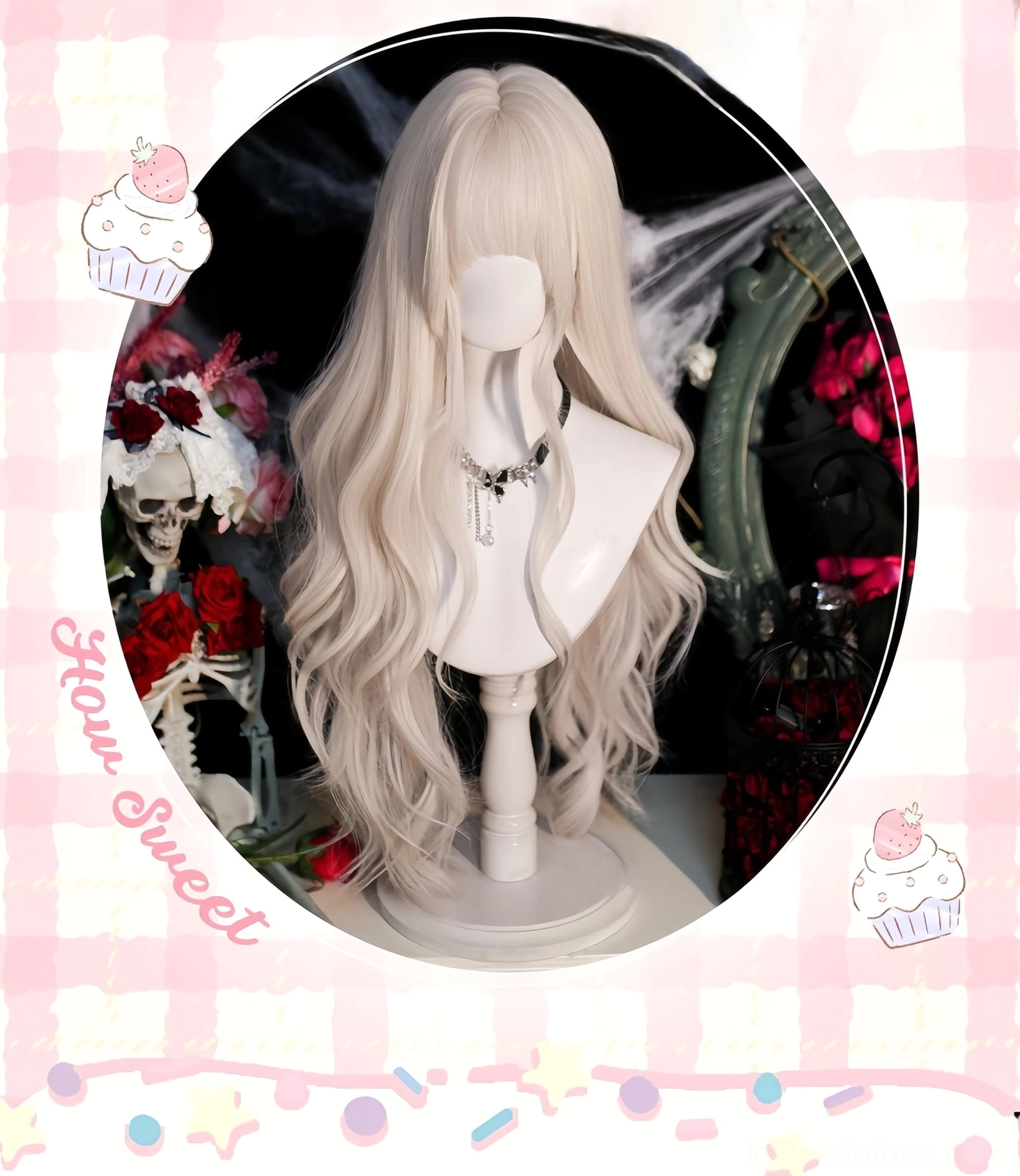 Plain pearl milk grey long curly wig front circular frame view, displaying straight bangs with fluffy wavy long hair texture, pink checkered border with cute dessert patterns, styled with simple choker accessory