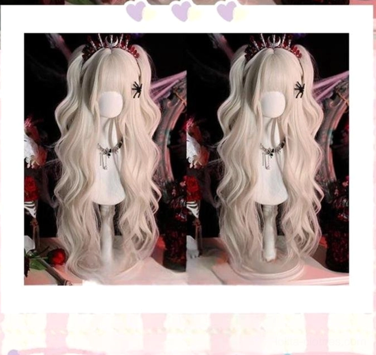 Two identical pearl milk grey Gothic Lolita twin tail wigs front side-by-side display shot, both featuring wavy twin tail style with consistent light milky grey color, dark gothic setup with full accessory coordination including crowns and hairpins