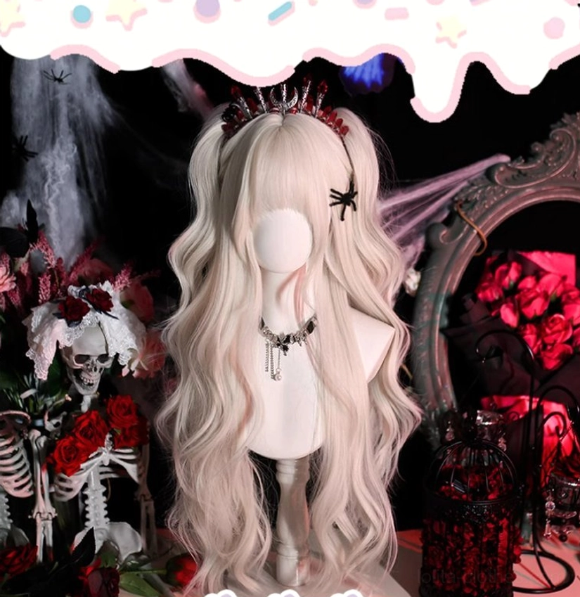 Pearl milk grey Gothic Lolita long curly wig without twin tails, distant front view showing neat bangs and full wavy hair volume, gothic dark scene with skeleton and red roses, accessorized with crown spider hairpin and choker