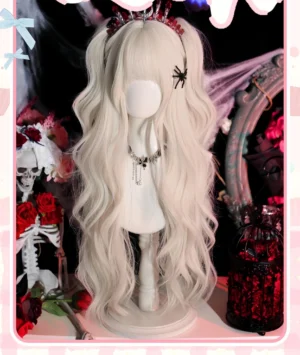 Pearl milk grey Gothic Lolita long curly wig with twin tails styled on mannequin, featuring neat fluffy bangs and wavy texture, displayed in dark gothic scene with skeleton and red roses, accessorized with crown, spider hairpin and choker