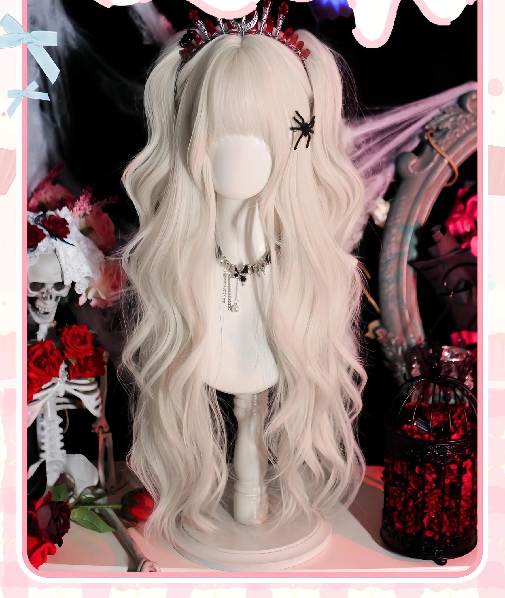 Pearl milk grey Gothic Lolita long curly wig with twin tails styled on mannequin, featuring neat fluffy bangs and wavy texture, displayed in dark gothic scene with skeleton and red roses, accessorized with crown, spider hairpin and choker