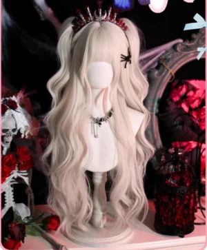 Pearl milk grey Gothic Lolita twin tail curly wig side angle display shot, showing extra long wavy locks with natural fluffy styling, gothic dark setup with skeleton and roses, wearing crown spider hairpin and choker accessories