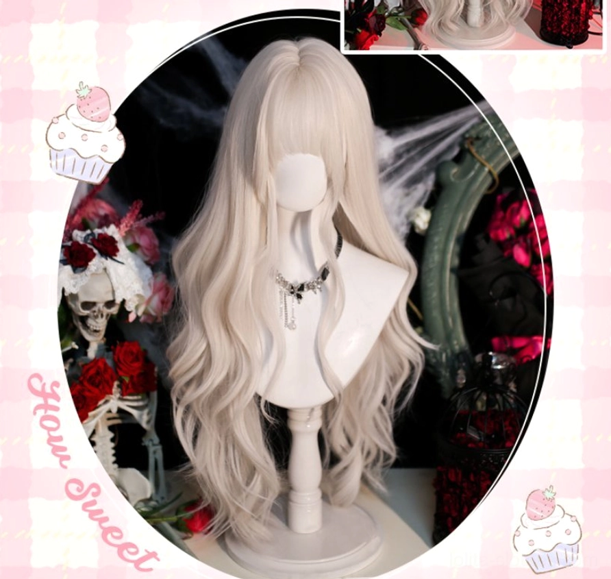 Pearl milk grey long curly wig circular frame front view with detailed close-up inset showing clear wavy curl texture and fiber quality, pink checkered border with dessert themed stickers, simple choker styling example