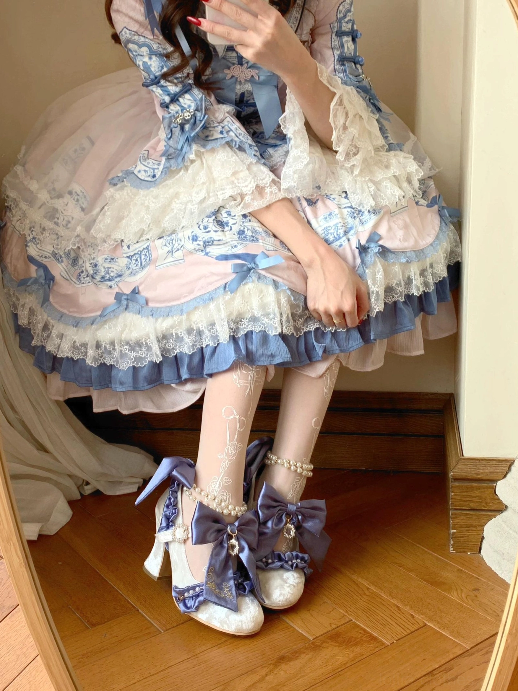 Elegant classic Lolita wedding heels featuring pearl ribbon and satin detachable bow with ruffle trim styling details