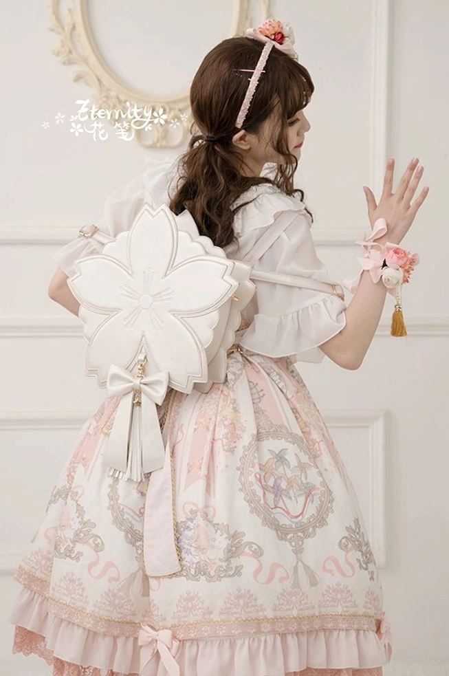 Pearly off-white sakura cherry blossom lolita crossbody handbag with flat petal surface design classic styling