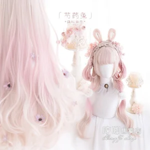 Peony Rabbit gradient pink long curly wig close-up side and front mannequin detail with vintage cake props floral rabbit ear headpiece