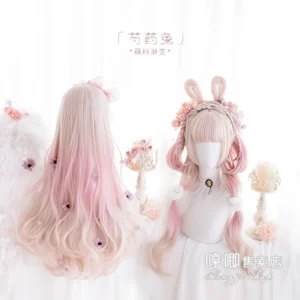 Peony Rabbit ombre pink long curly princess wig full back and front display view on mannequin with vintage candle backdrop lolita fashion