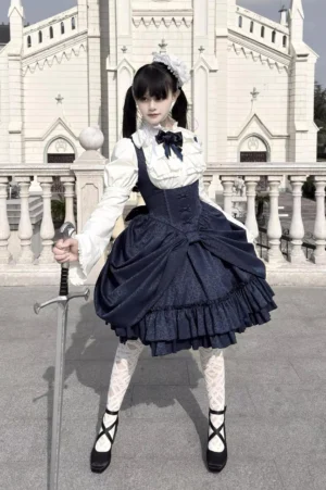 Full front view of Gothic Lolita perfume bottle corset JSK dress worn by model at church balcony with navy and white color matching and twin hairstyle Gothic style