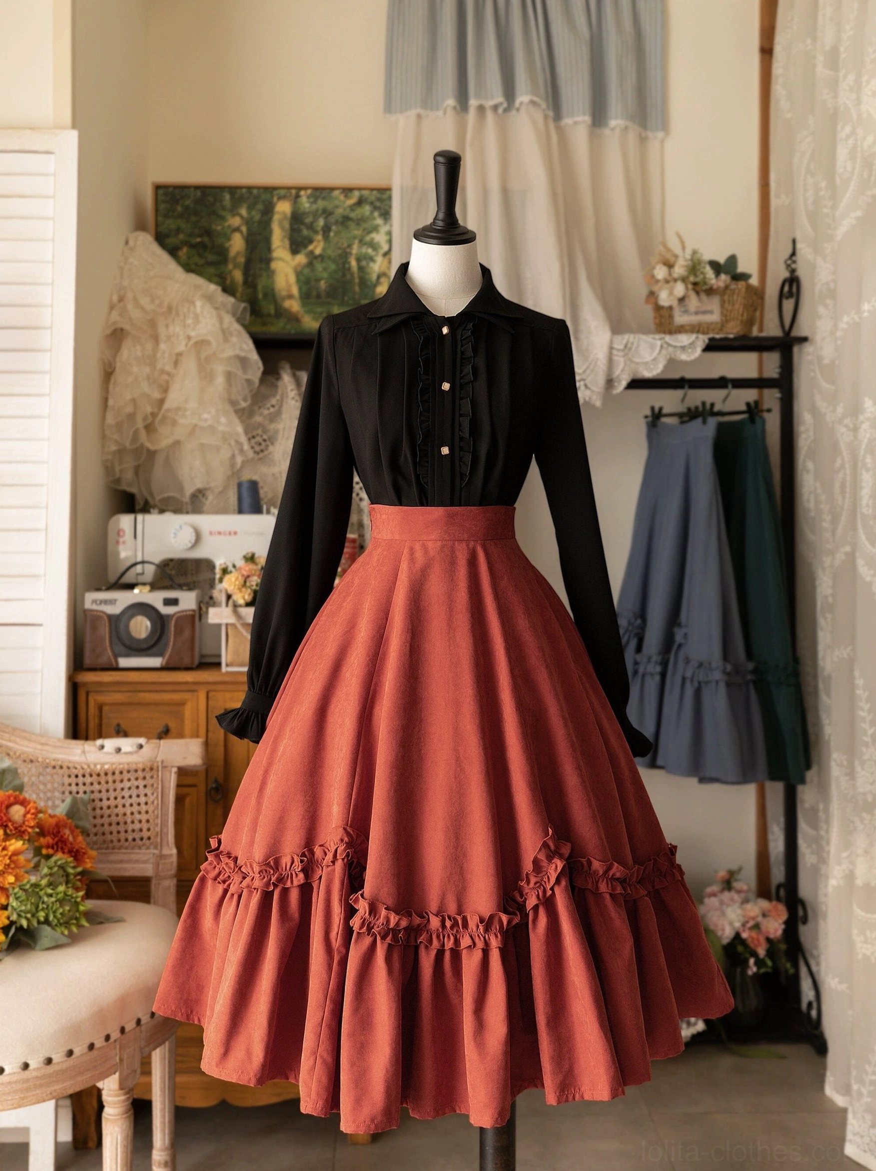 Orange-red petal swing Lolita skirt paired with ivory lace-trim blouse featuring peter pan collar, classic vintage coordinate on dress mannequin demonstrating lolita styling