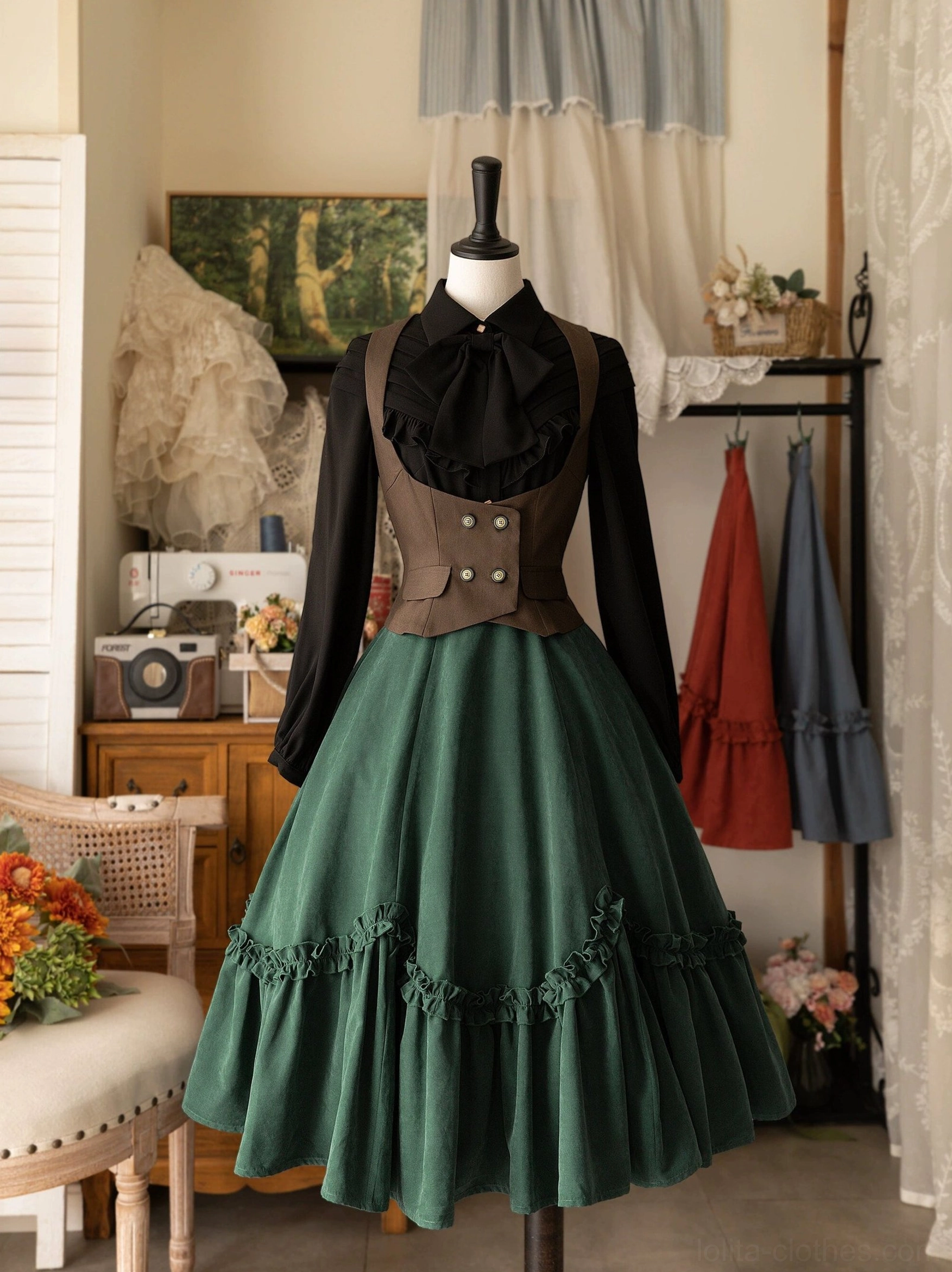 Dark green petal swing Lolita skirt showing A-line silhouette, full flared drape of ruffled hem layers, gothic lolita styling potential with forest green sophisticated colorway