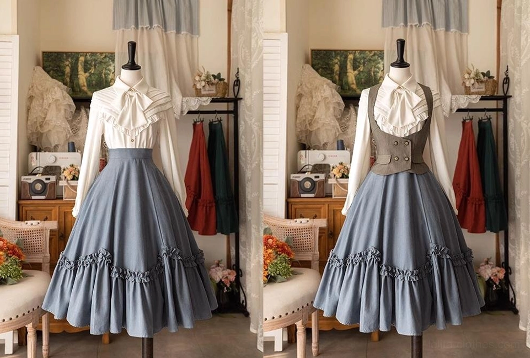 Dark green petal swing Lolita skirt detail view showing tiered ruffle construction, lotus leaf edge trim, elastic waistband, and four-way elastic lining for comfort