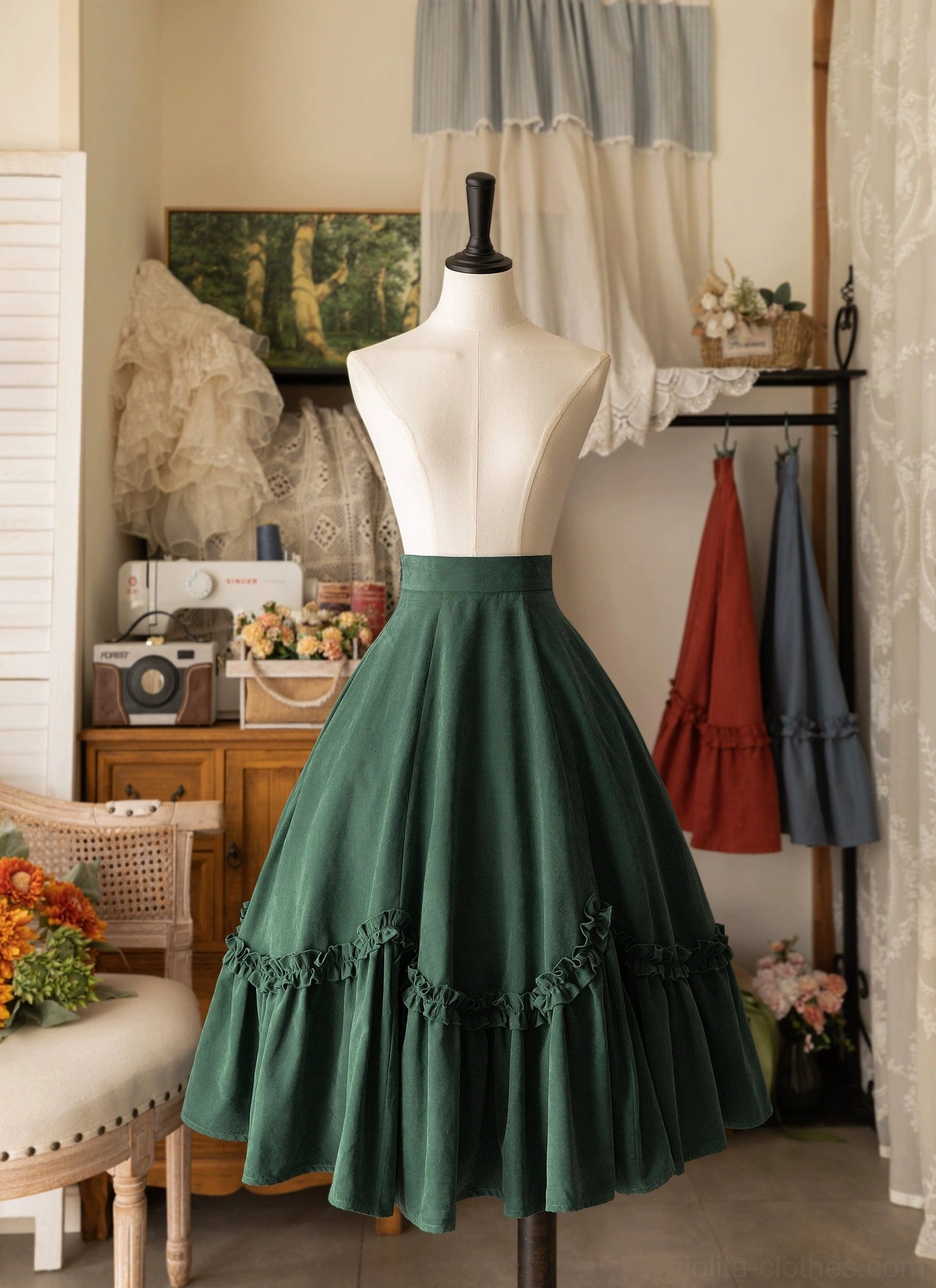 Dark green petal swing midi Lolita skirt displayed on dress mannequin with side zipper closure, tiered petal ruffle design, high waist construction, vintage boutique setting