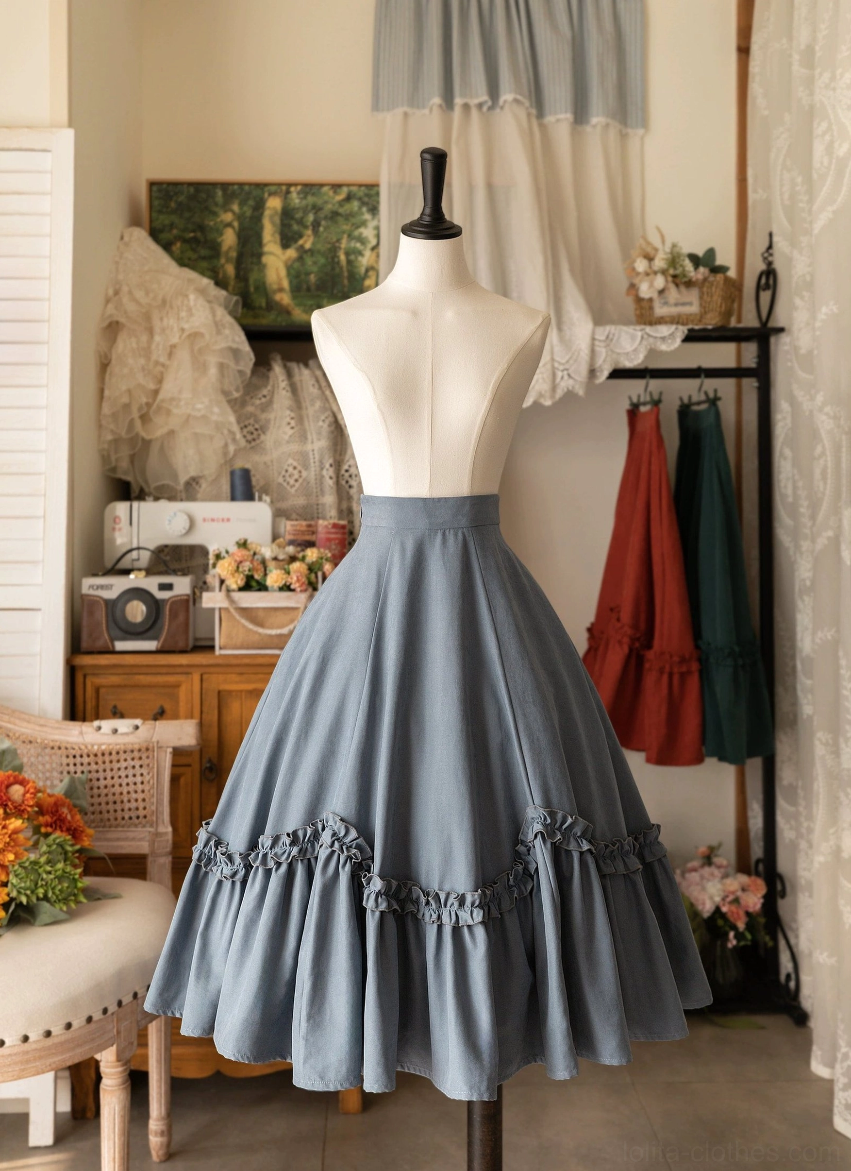Ivy green petal swing midi Lolita skirt with tiered ruffled hem on dress mannequin, showing full flared silhouette, lotus leaf edge detail, and high waist construction