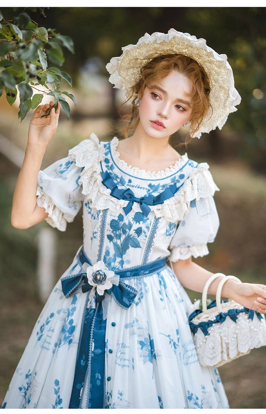 Peter Pan collar detail close-up showing intricate ruffled collar design and lace embellishment on romantic Lolita dress style