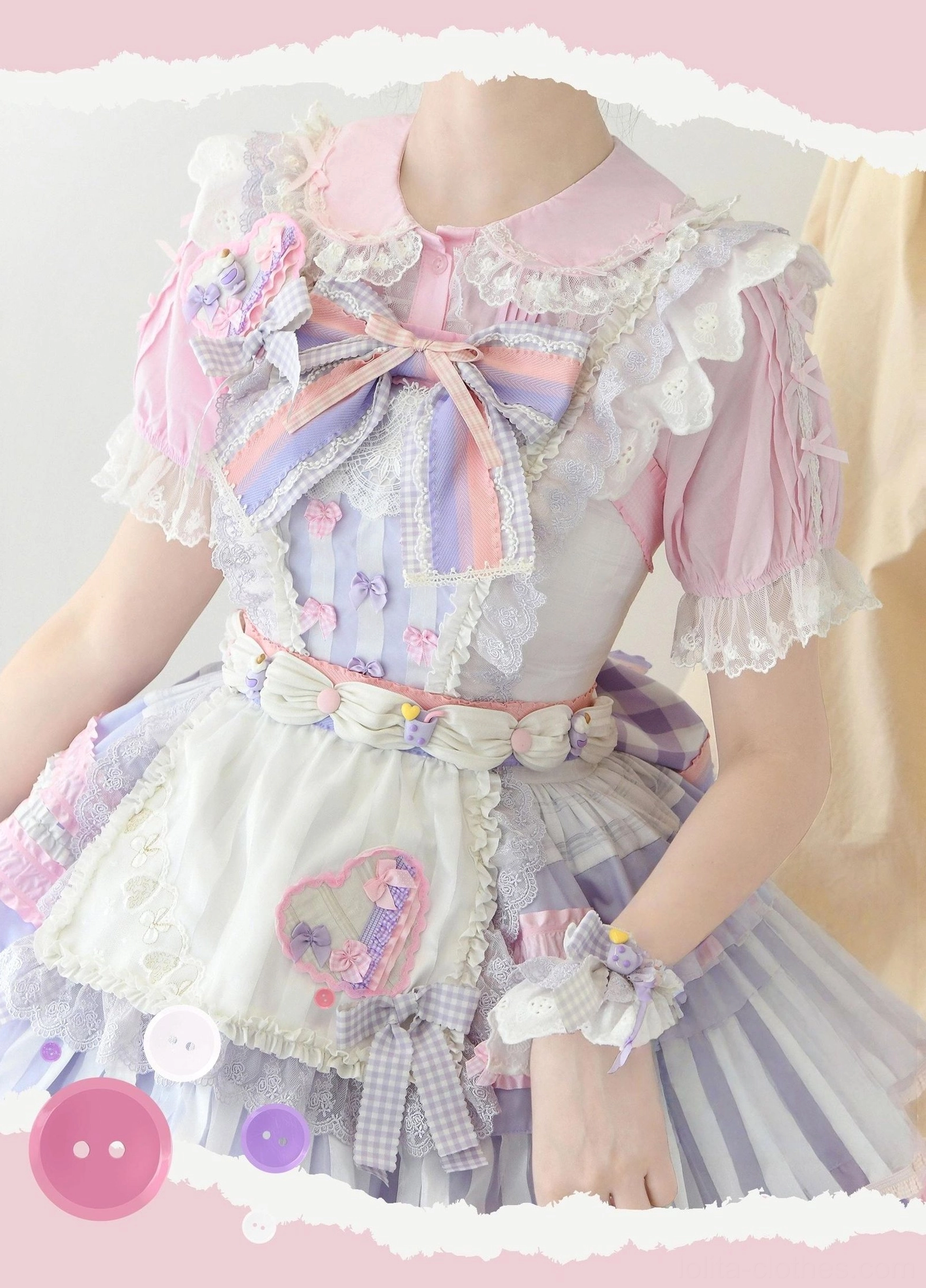 Close-up detail of peter pan collar and lace trimmings on sweet lolita blouse demonstrating fine craftsmanship