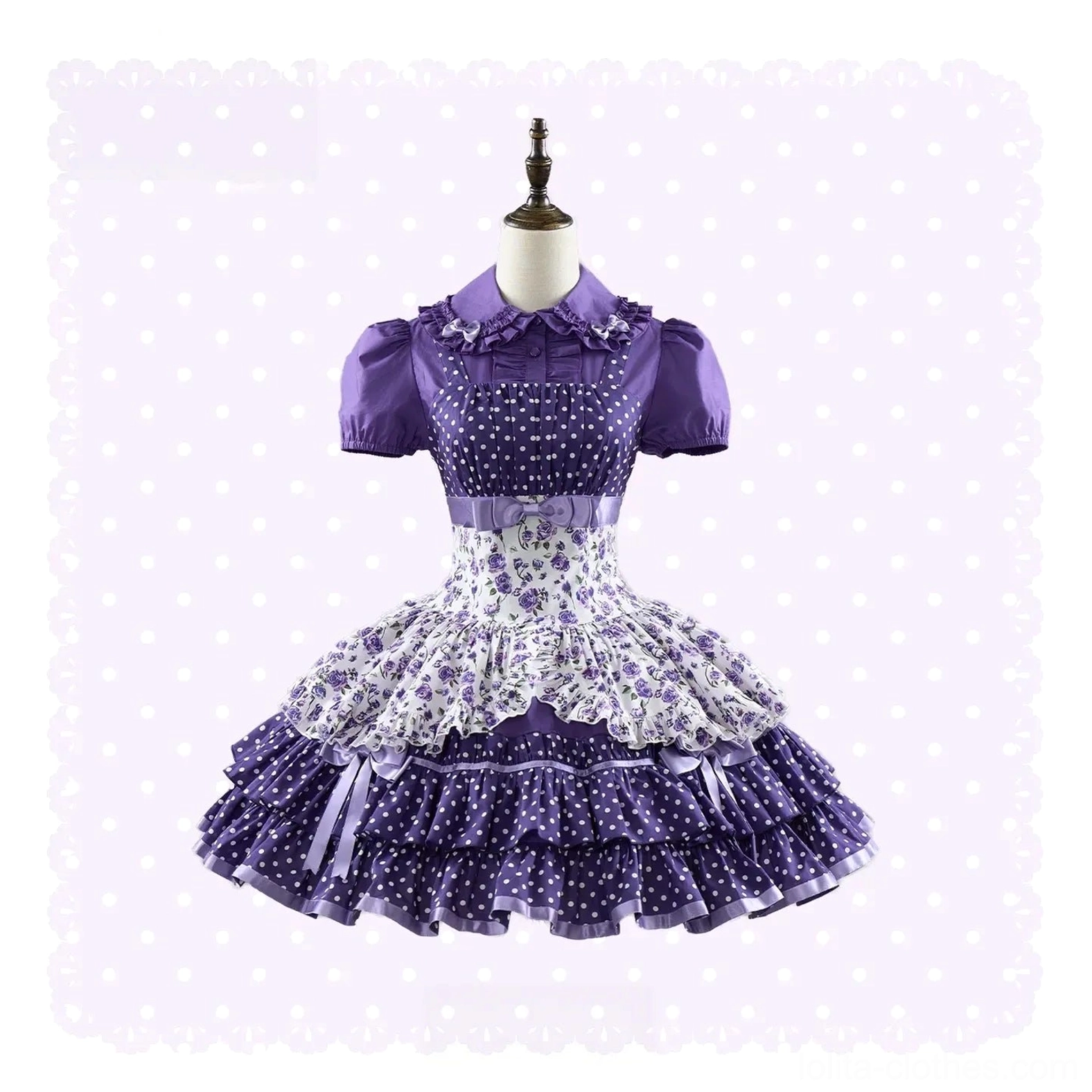 Old school Lolita JSK dress Peter Pan collar blouse detail showing white ruffled collar, puffed sleeve construction, and polka dot coordinating pattern matching main skirt