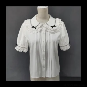 Peter Pan collar lolita blouse white and black short sleeve front flat lay mannequin display with pleated collar and lace trim details