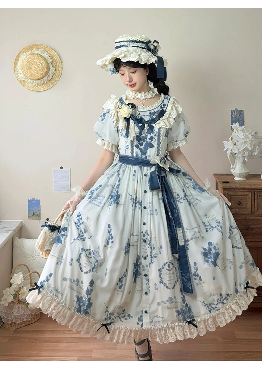 A-line loose fit Peter Pan collar Lolita dress silhouette shown in full length displaying doll-like charming proportions and relaxed drape