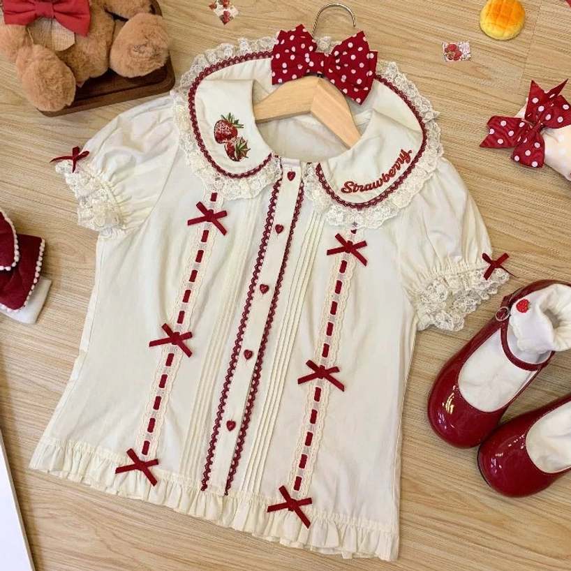 White washed cotton peter pan collar shirt with milk fiber lace trim and tulle edge detail, designed to pair with sweet lolita salopette jsk for complete lolita ensemble