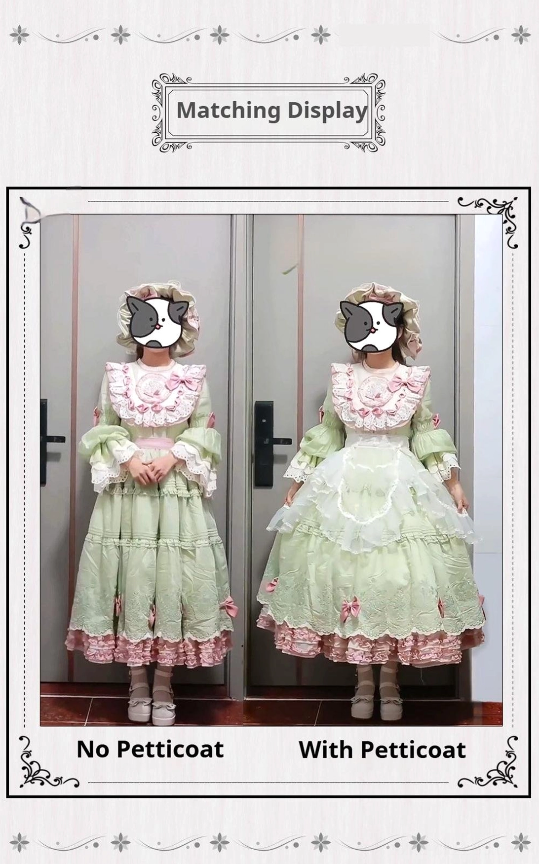 Hoop petticoat volume effect before after green lolita dress silhouette transformation