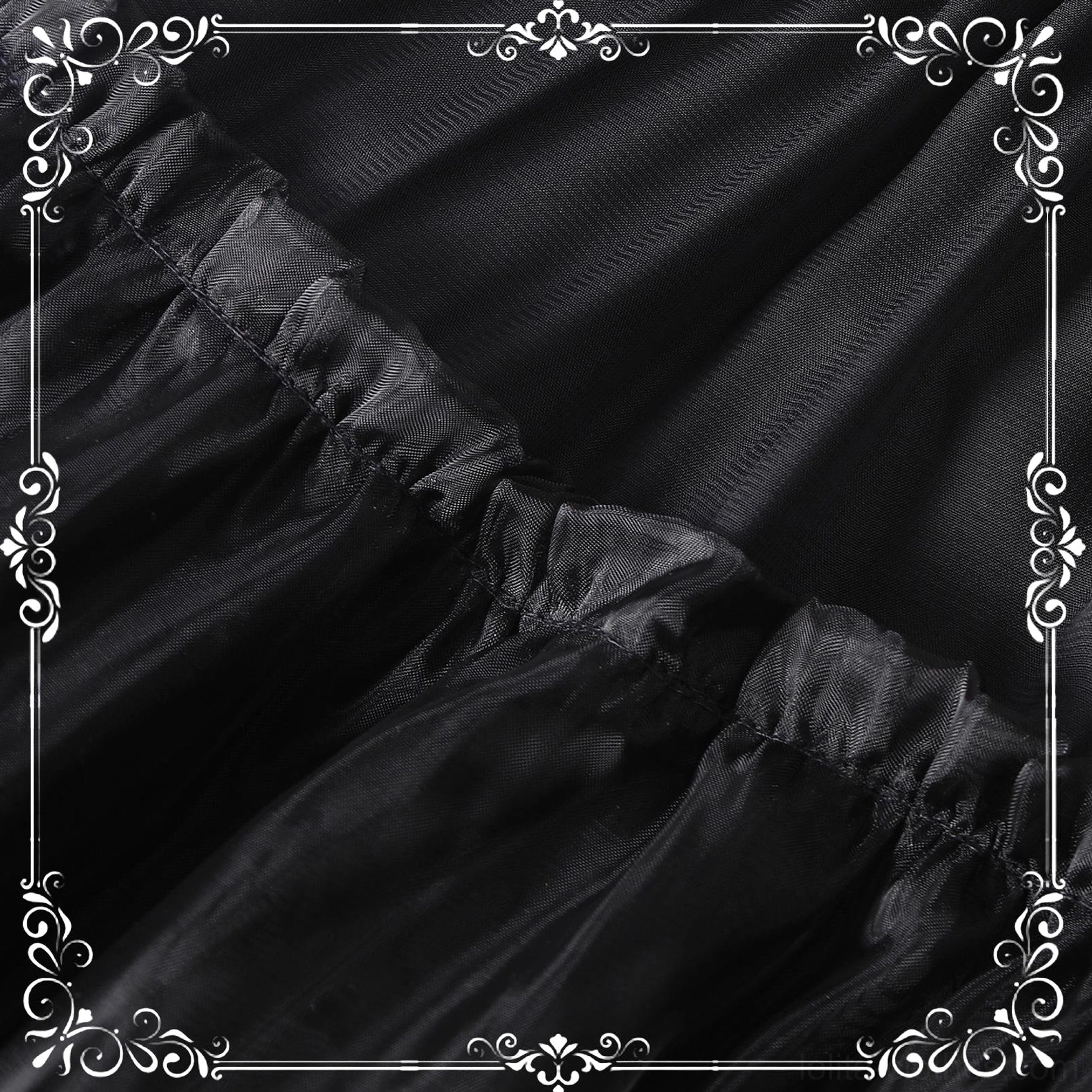 Extreme puffy lolita petticoat worn on dress form with layered heavy skirt design demonstrating perfect volume support for printed hems