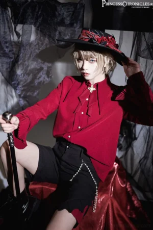 Phantom Elegance Ouji long sleeve shirt wine red color three-quarter front sitting view male model gothic noble attire formal top hat