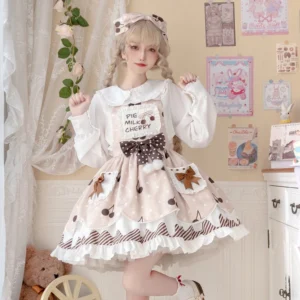 Pie Milk Cherry Sweet Lolita JSK salopette with cherry and musical note print full-body front view on model