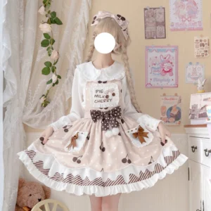 Pie Milk Cherry Sweet Lolita salopette with tiered lace ruffles and pom-pom bow details on mannequin display