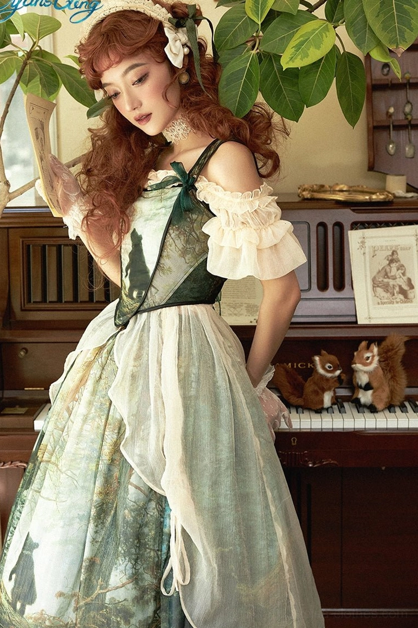 Pine forest bear print lolita dress close-up three-quarter front sheer organza overlay ruffled sleeves