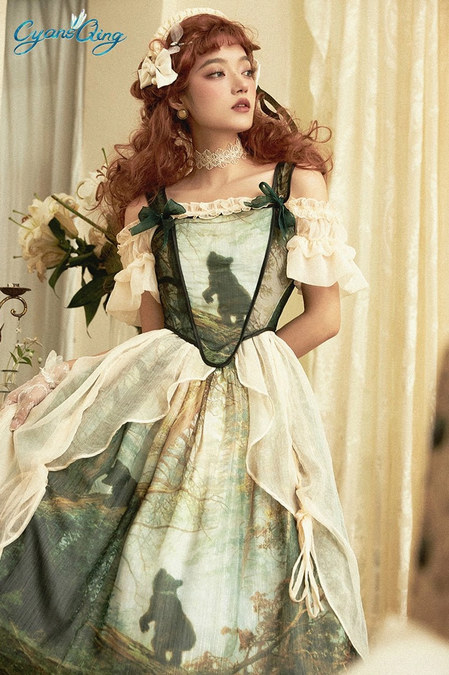 Pine forest bear print lolita off-shoulder dress coordinate set front view elegant cream dark green corset