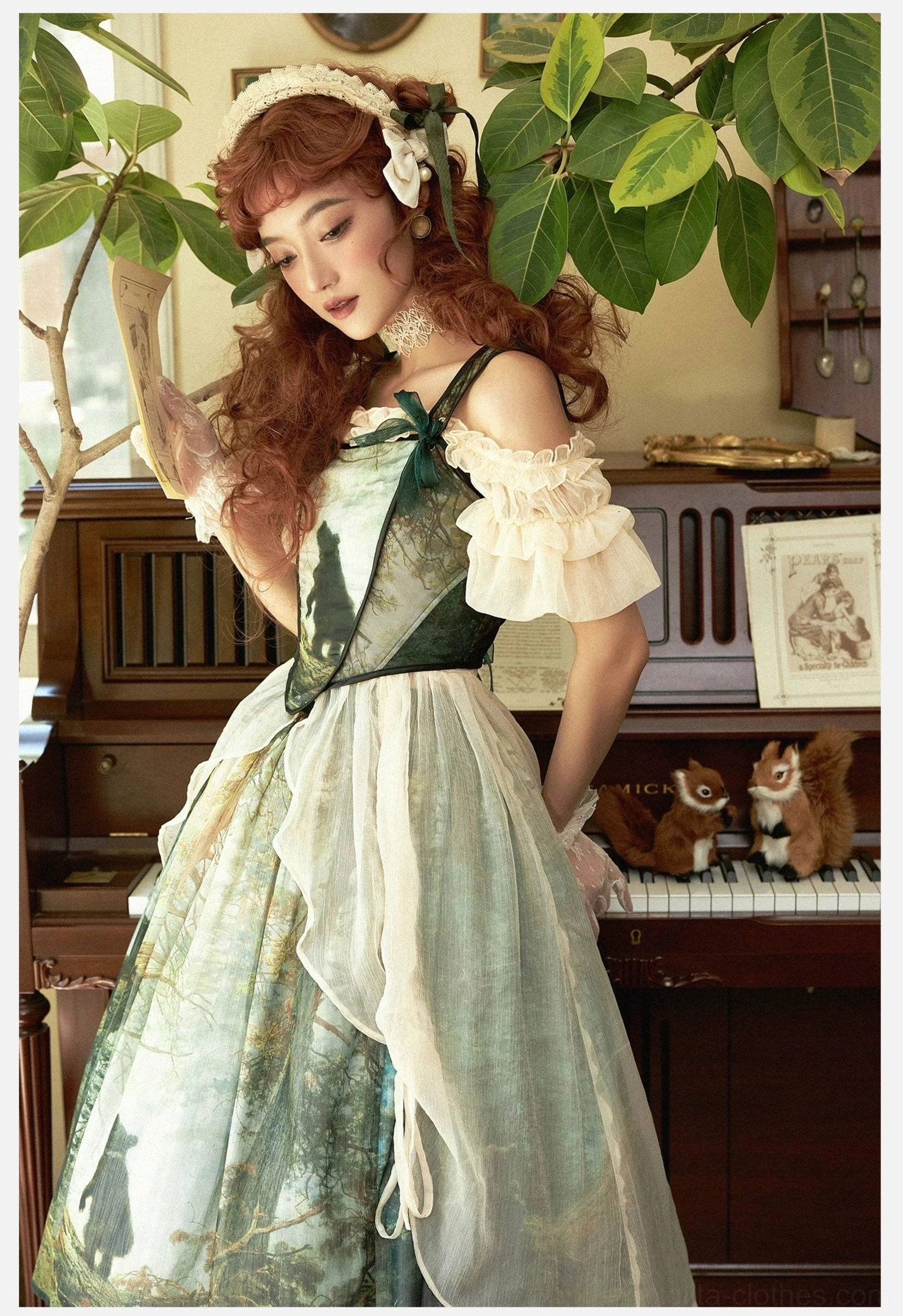 Pine forest lolita dress side three-quarter shot near vintage piano asymmetrical organza skirt panels