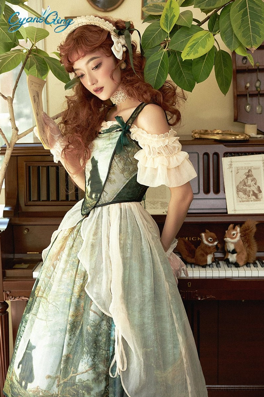 Pine forest themed lolita dress three-quarter side pose sheer mesh bodice front ribbon bow