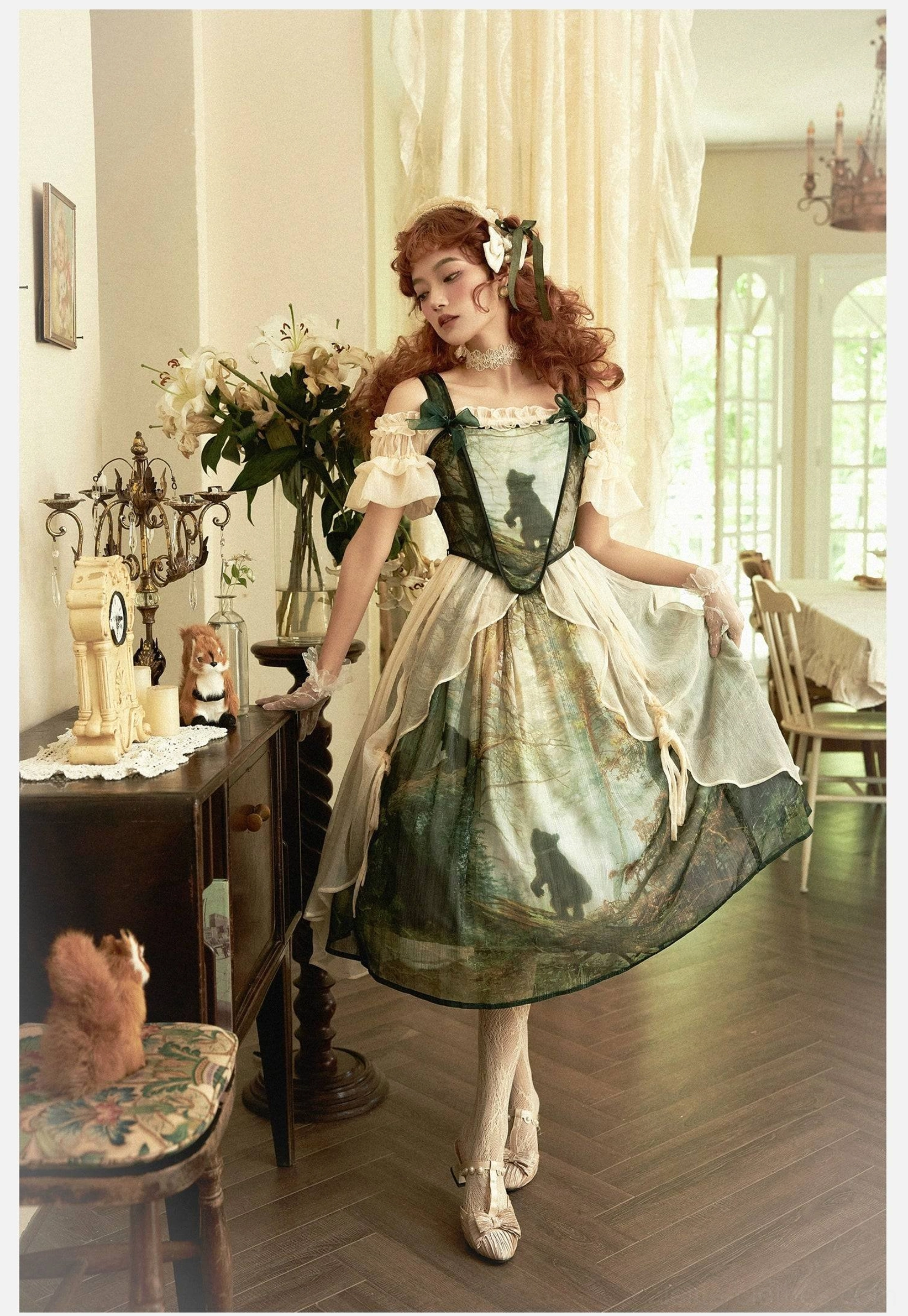Pine forest lolita dress jacquard corset premium fabric detail texture elegant weaving pattern