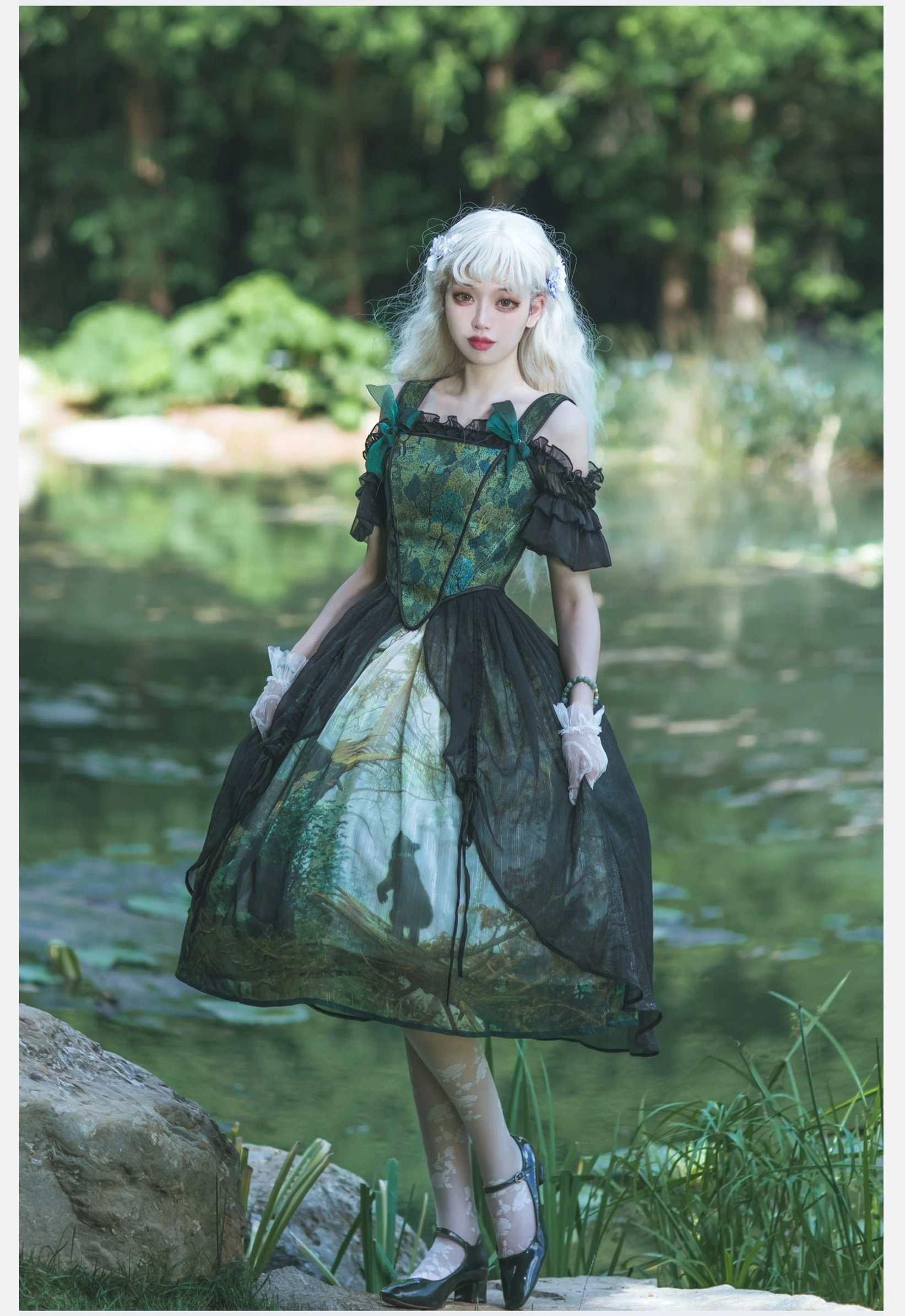 Pine forest lolita skirt main piece semi-loose waist bear forest prints elegant silhouette