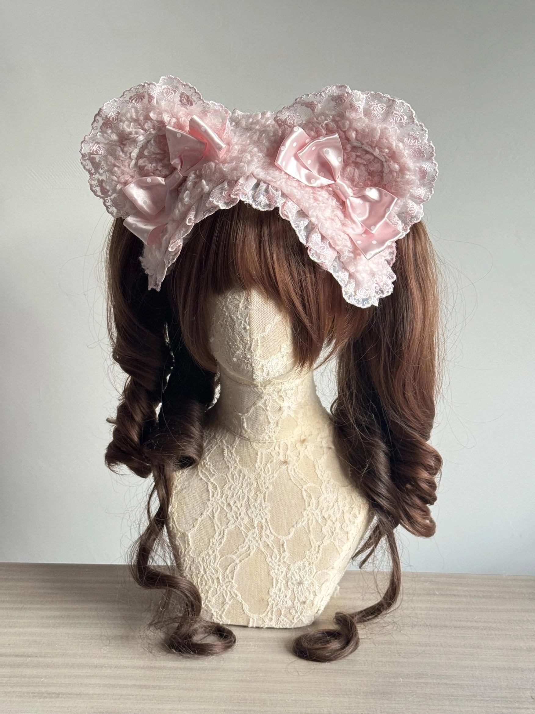Pink bear ear lolita lace headband blush-pink monochromatic design sweet lolita romantic coordinate style