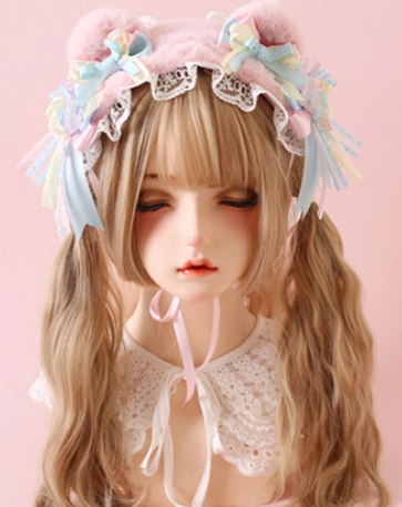 Pink bear ear sweet lolita lace headband with plush ears white ruffled trim and coordinated pastel bow decorations worn by lolita doll