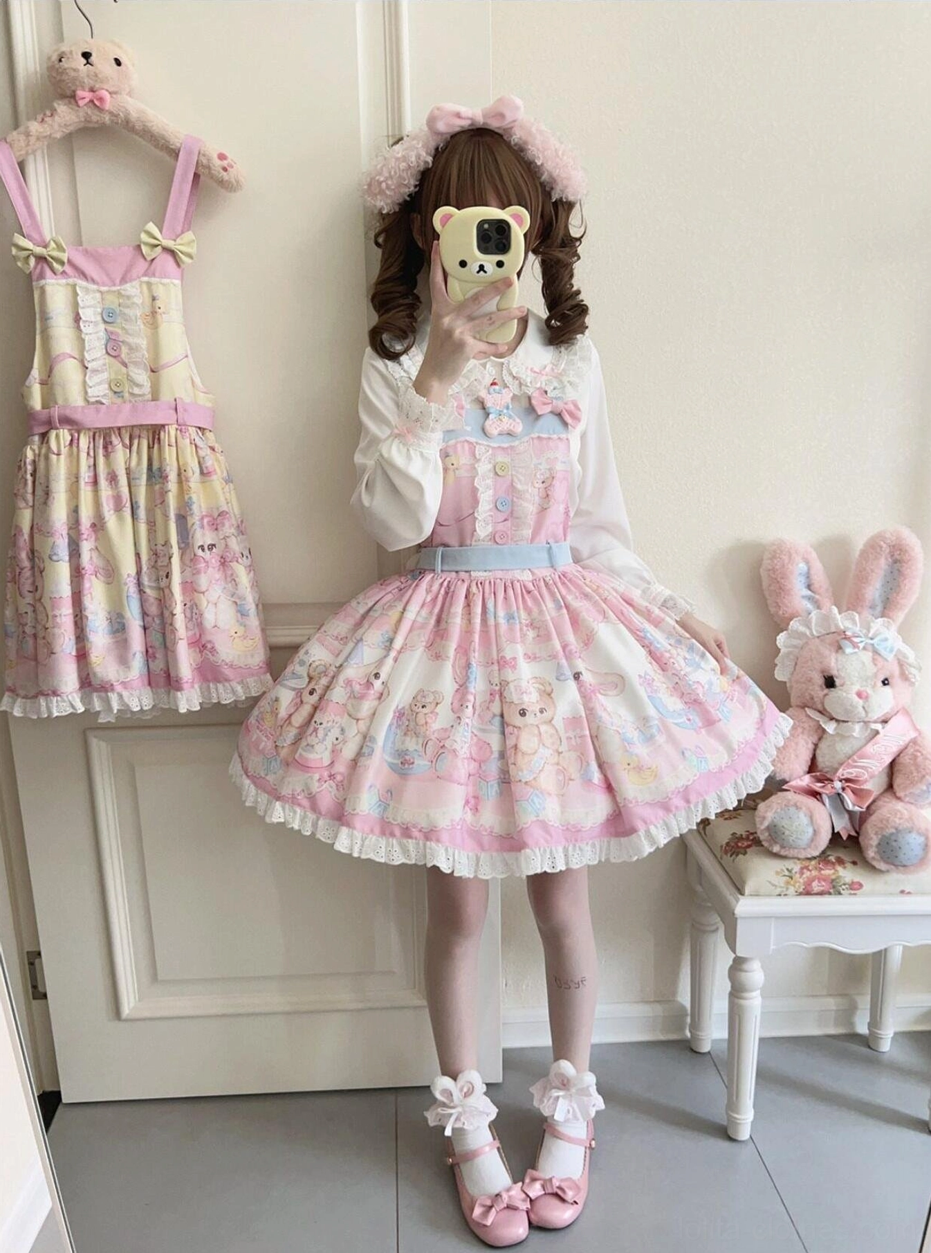 Pink bear sweet lolita salopette dress with cartoon animal prints frilled hem pink Mary Jane shoes coordinate
