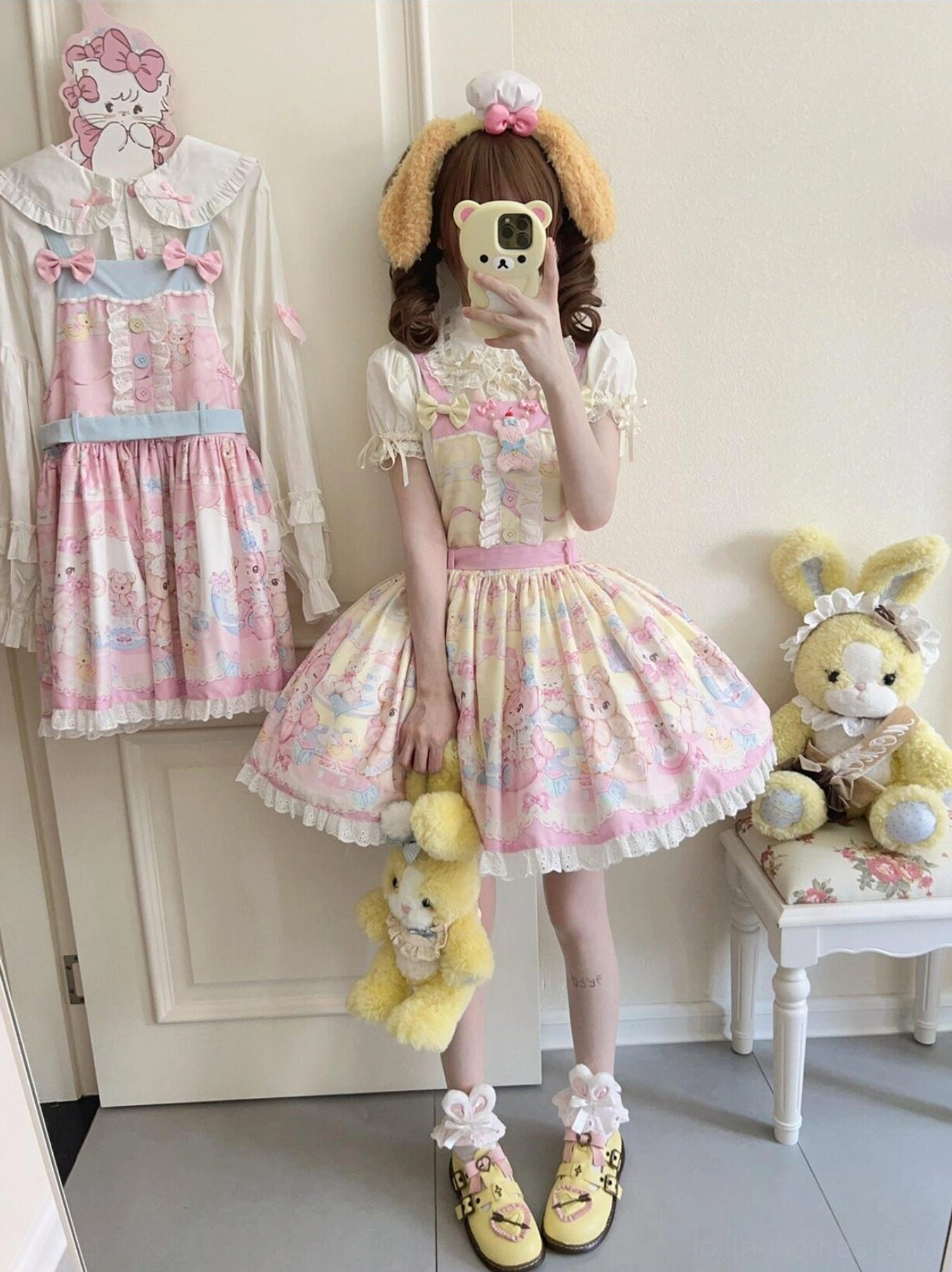 Pink bear sweet lolita salopette dress with yellow ear headband and platform loafers cozy plush toy styled room