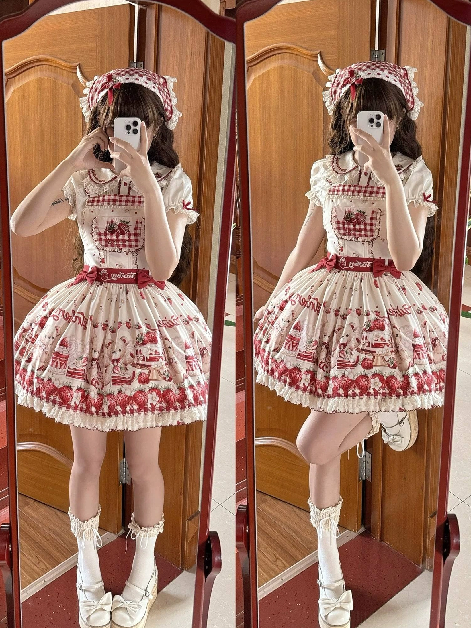 Pink-beige lolita salopette jsk styled with knee-high socks and mary jane shoes, complete sweet lolita coordinate outfit inspiration and accessory pairing