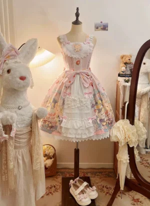Pink birthday celebration printed sweet lolita JSK dress front full view on display mannequin with lace trim and waist bow