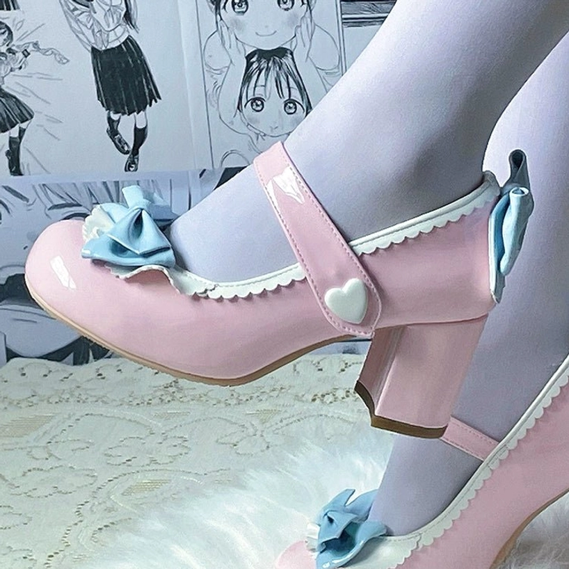 Pink and blue patent leather Lolita Mary Jane high heels 6.5cm sweet Lolita dramatic presence option