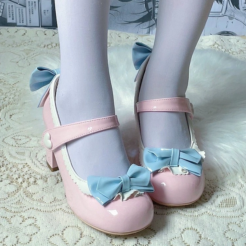 Pink and blue patent leather Lolita Mary Jane medium heels 4.5cm sweet Lolita enchanting pastel footwear