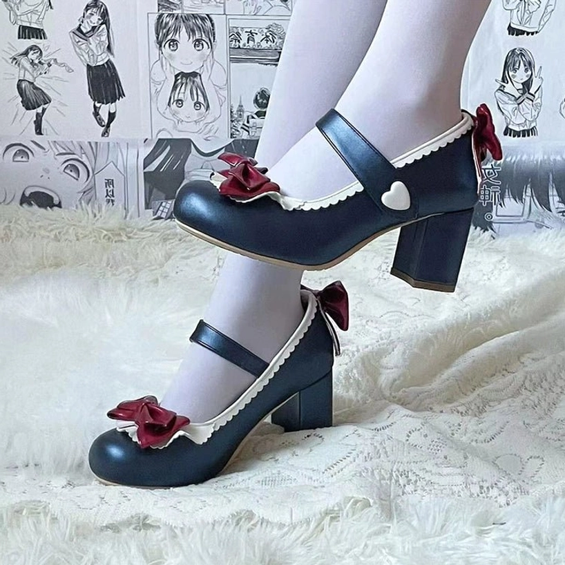 Pink and blue patent leather Lolita Mary Jane medium heels 4.5cm sweet Lolita daily wear option